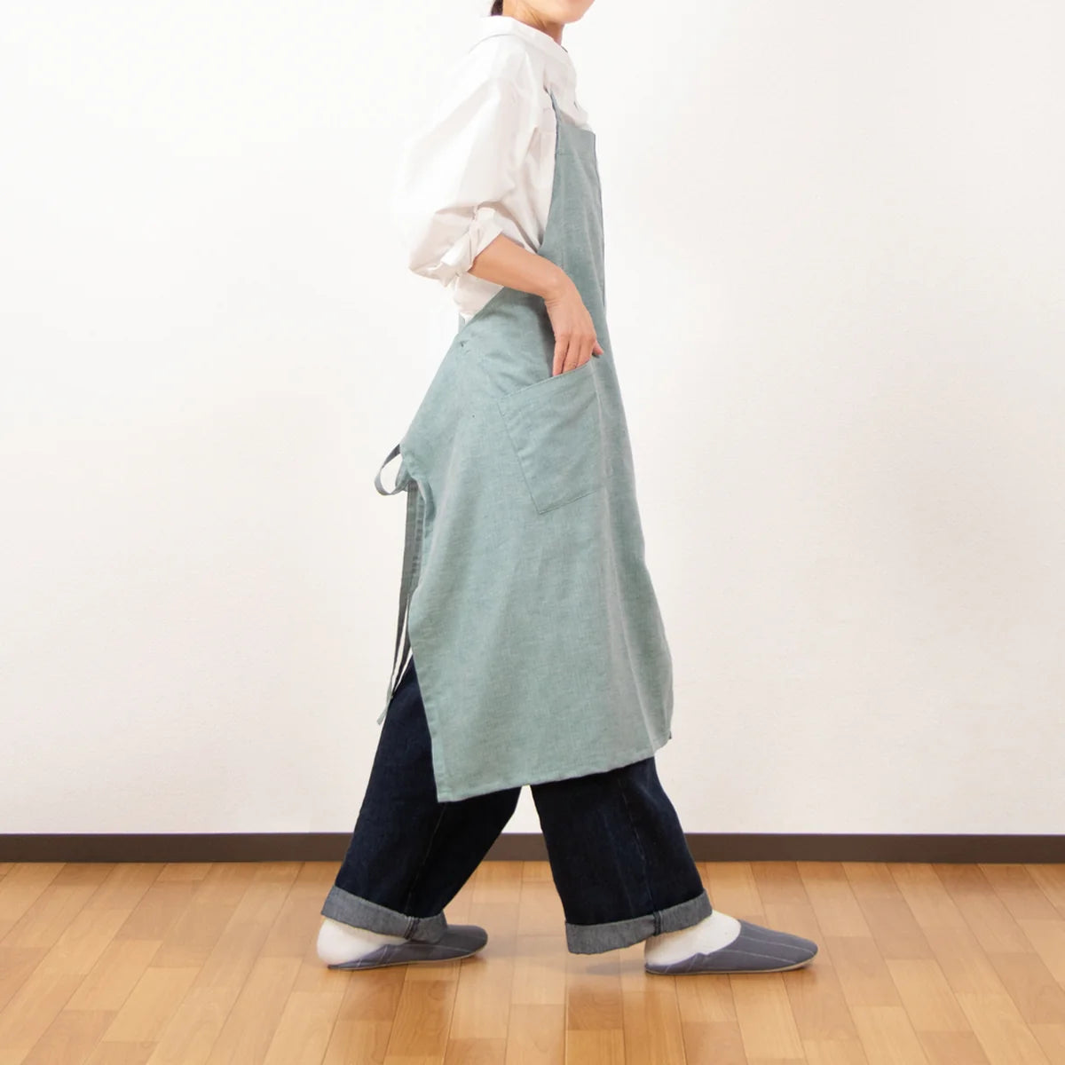 綿麻ヘリンボーン エプロン グリーン