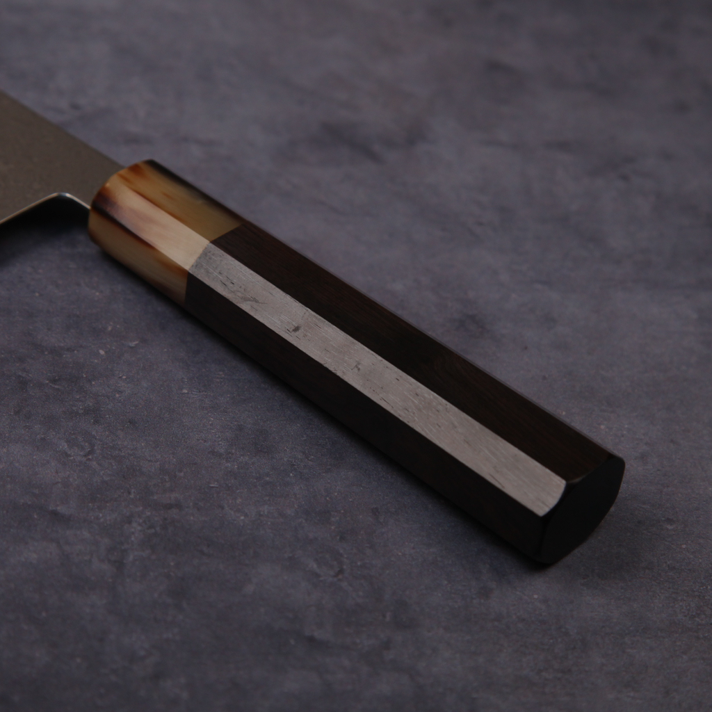 Seki Santoku Knife, Powdered HSS SG2, Damascus, Ebony Octagonal Handle with White Buffalo Horn Ferrule, 180mm