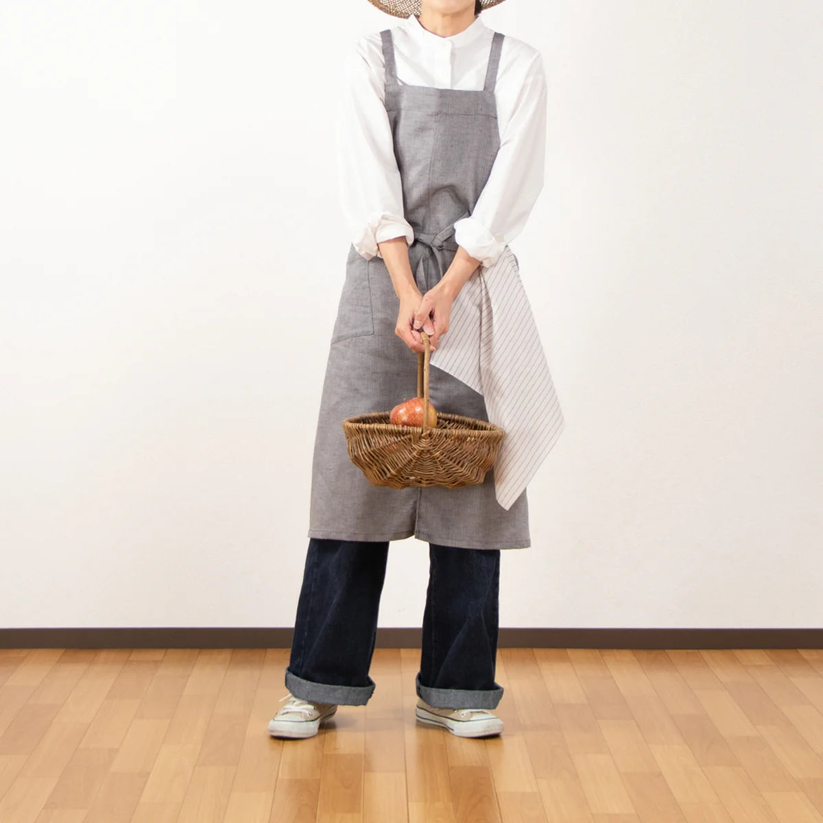 綿麻ヘリンボーン エプロン ブラック